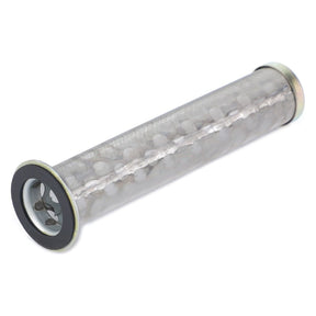 A cylindrical metal mesh filter with flanges on both ends, used for filtering particles from fluids or gases, the AGCO Hydraulic Filter Cartridge - 3711100M91 helps reduce maintenance costs and increase equipment service-life.