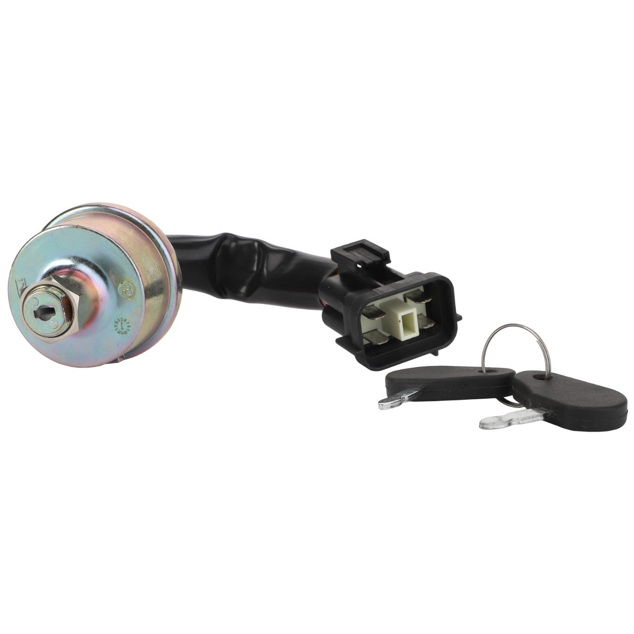 A vehicle ignition switch, AGCO | Ignition Switch - Acp0285940, features a black plastic connector and comes with two attached keys. No current product description available.