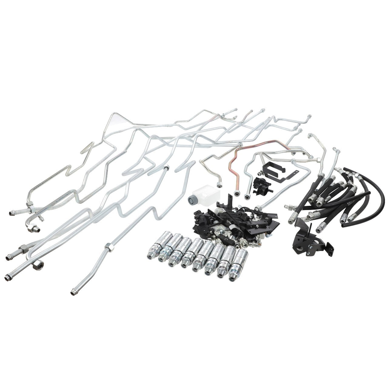 An assortment of AGCO automotive fuel lines, connectors, and brackets (Accessory Code - Acw012828C) laid out in an organized manner on a white background.