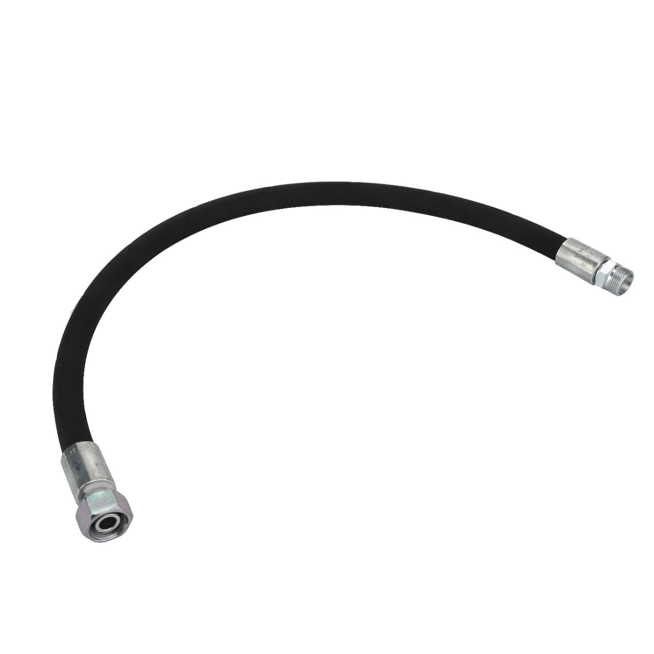 An image of the AGCO | Hydr. Hose - Acw007786A, a black flexible hose with metal connectors on both ends. The hose is slightly curved.