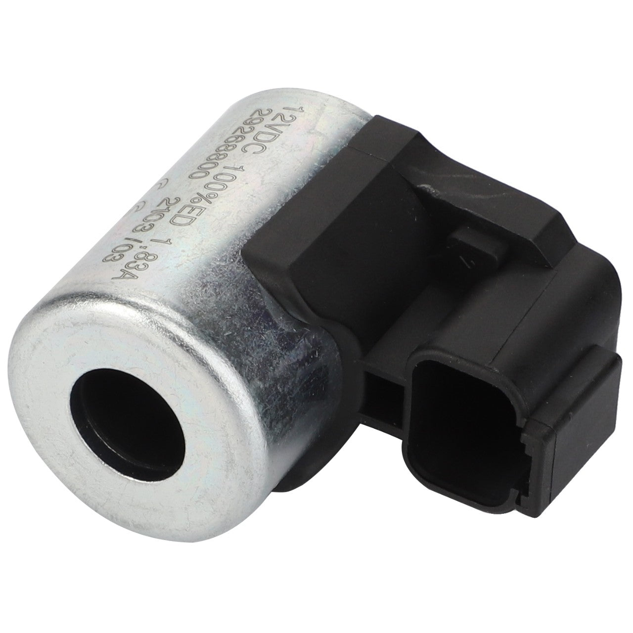 The AGCO Solenoid Valve - Acp0246360 is a silver and black automotive solenoid valve featuring a cylindrical metal body and a plastic connector.