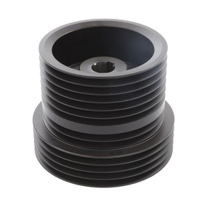 The AGCO Power Take Off Pulley, model D28785025, is a black cylindrical pulley featuring a multi-groove design with a central hole and ribbed exterior, engineered to deliver peak efficiency for maximum uptime.