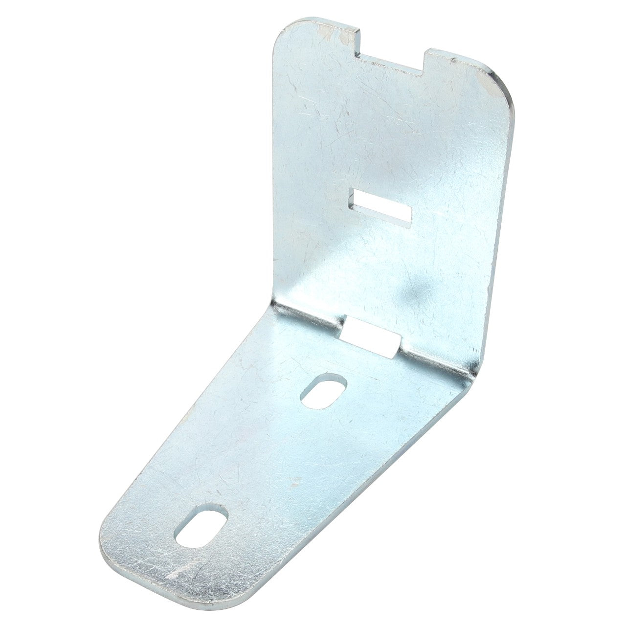 The AGCO | Bracket - Acw2810710, by AGCO, is a metallic L-shaped bracket with rounded edges that features two oval holes on the horizontal part and one oval hole on the vertical part, optimized for versatile applications.