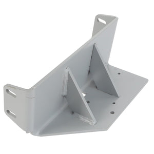 Introducing the AGCO Bracket - D28580492: A gray metal bracket with a rectangular base featuring multiple holes, angled supports, and two vertical extensions with slots.