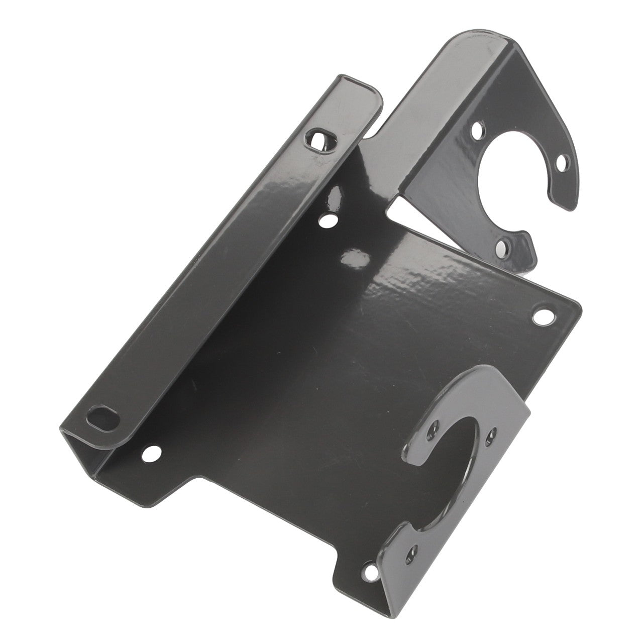 The AGCO | Bracket - Acw0676560 by AGCO is a versatile gray metal bracket featuring multiple holes and curved slots, making it ideal for securely mounting or supporting various types of equipment.