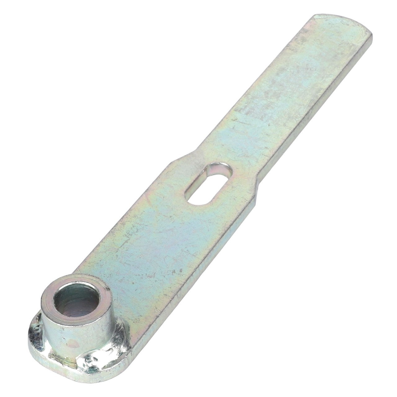 A metallic lever arm with a slotted hole in the middle and a circular mounting point on one end, available as AGCO | Mechanical Lever, Processor Doors - Acx2777170 from the brand AGCO.