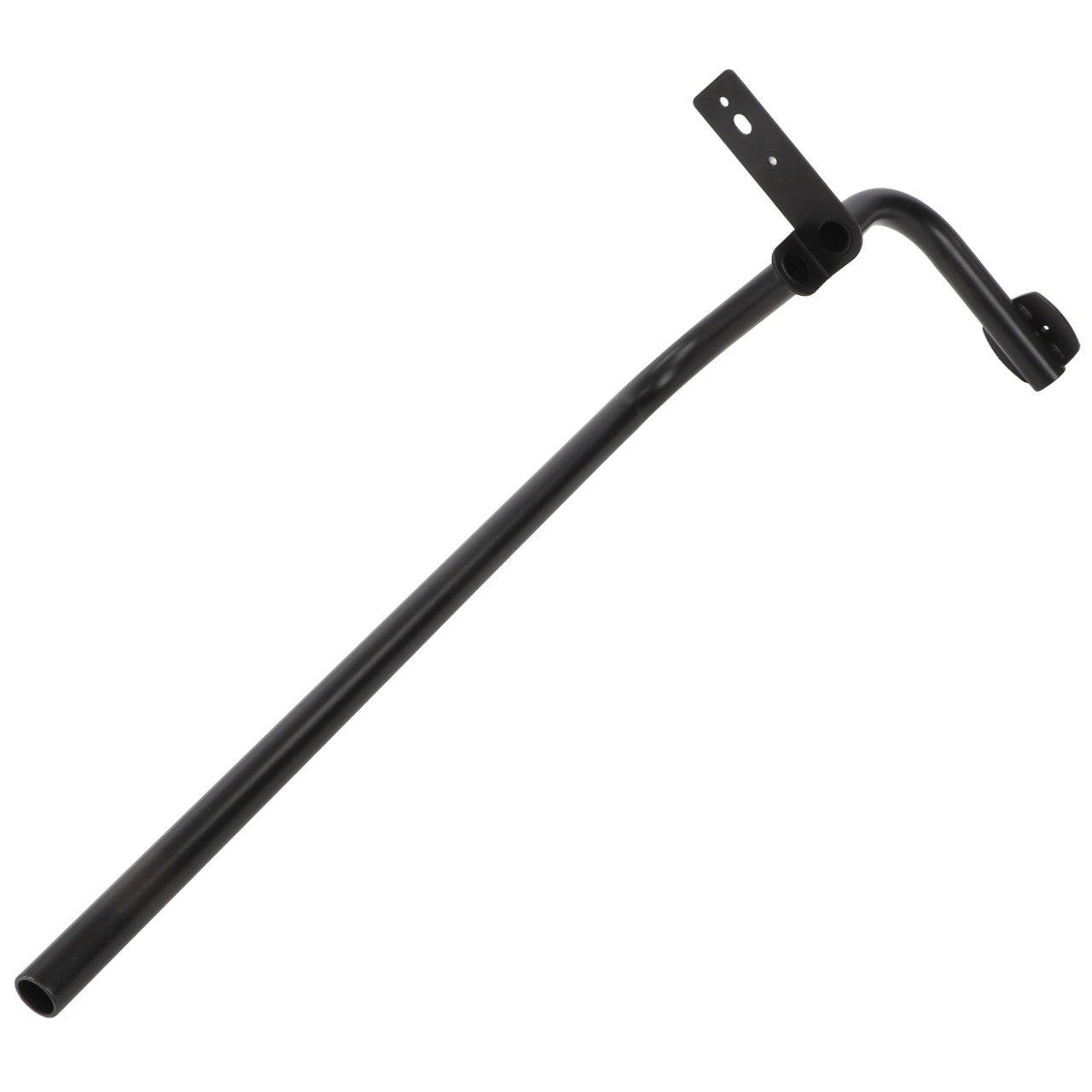 The AGCO | Arm - Acw2527090 by AGCO is a black metal rod with a curved end and an integrated mounting bracket that includes holes for attachment. As of now, there is no further product description information available.