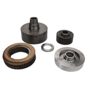 A set of mechanical gears and components from AGCO, including multiple ring gears, a circular cogwheel, a cylindrical gear, and other metal parts, arranged on a white background. Please note: No current product description information is available for the AGCO | REPAIR KIT - U926150110000.