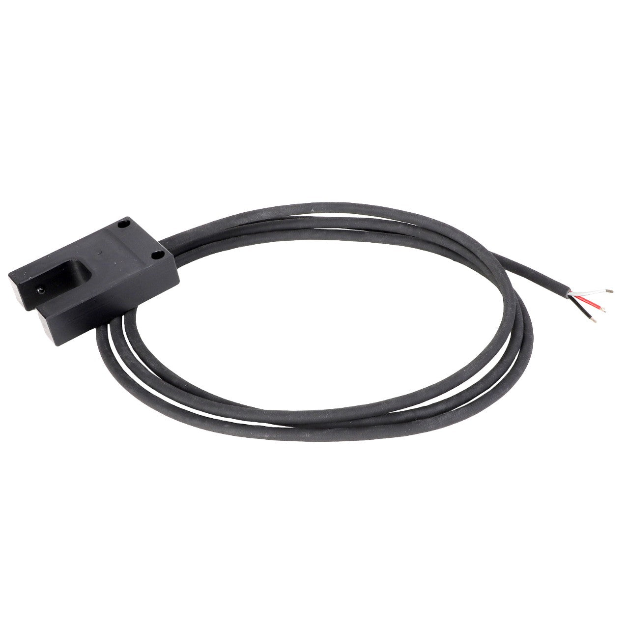 The AGCO | BIN SENSOR WIRE HARNESS - AG522174 by AGCO is a sleek black sensor with an attached cable, featuring an exposed wiring end with four stripped wires. No additional product description information is available at the moment.