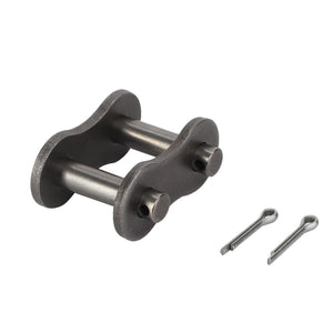 The AGCO | Connecting Link - Acw8473060 is a metal roller chain connecting link that includes two cotter pins, though there is no current product description information available.