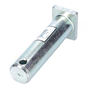 A metal rod with a flat square end, a hole near the other end, and a sticker featuring text and an image from AGCO Parts; specifically, the AGCO Clevis Bolt, Top Link - F835870050060.