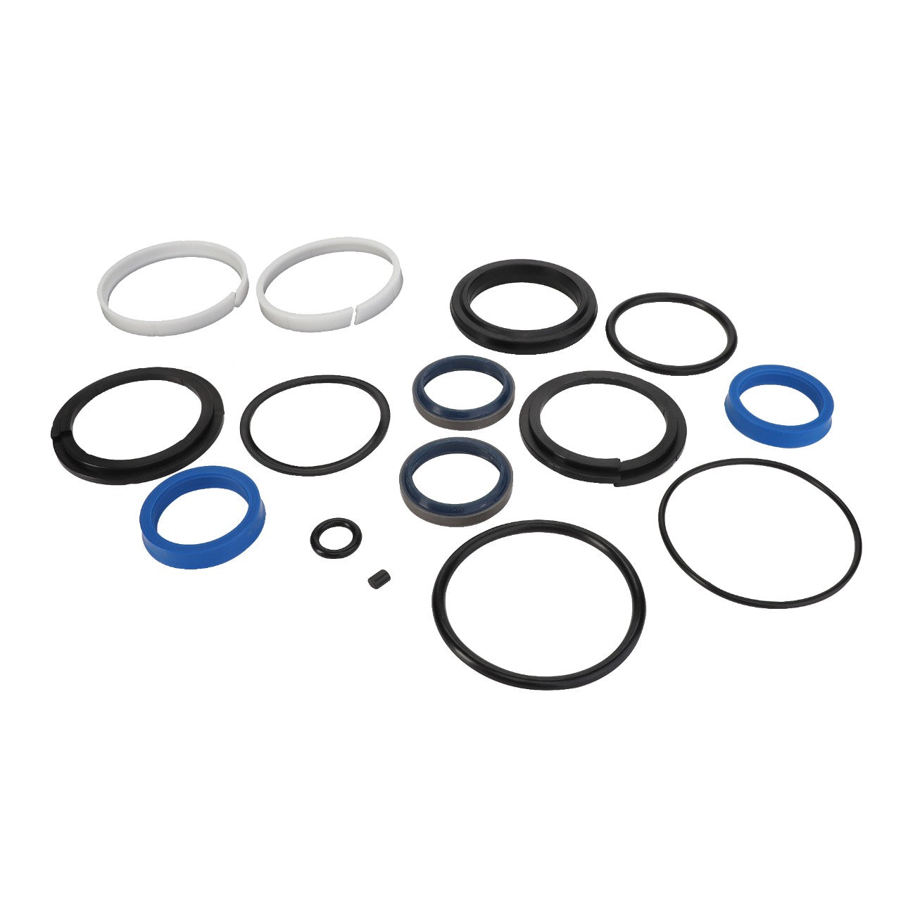 A collection of variously sized black, white, and blue rubber O-rings and seals from the AGCO SEALS KIT - AL5036146 arranged on a plain white background. No current product description information is available.