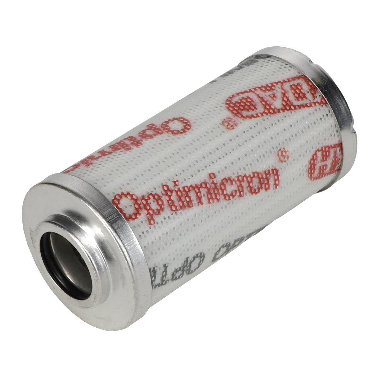 A cylindrical AGCO hydraulic filter cartridge, model Acv0238410, with metal end caps and a white body featuring red text reading "Optimicron," designed for high dirt holding capacity.