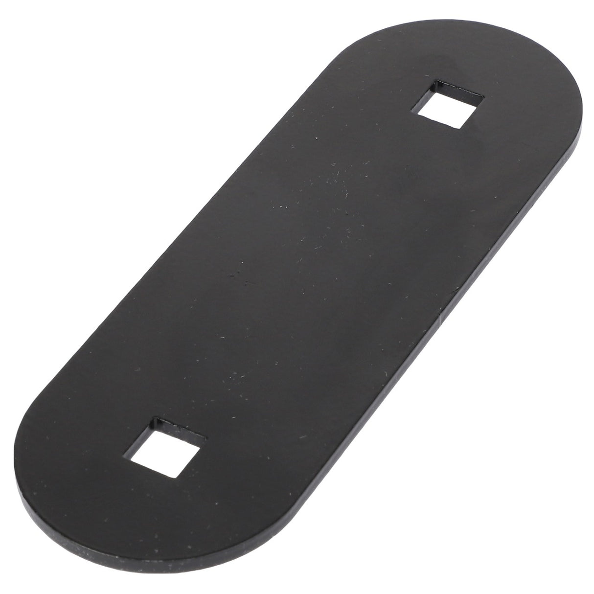 The AGCO | MOUNTING PLATE - AG236763 is a rectangular black metal plate featuring rounded ends and two small square cutouts; no additional product description information is available.