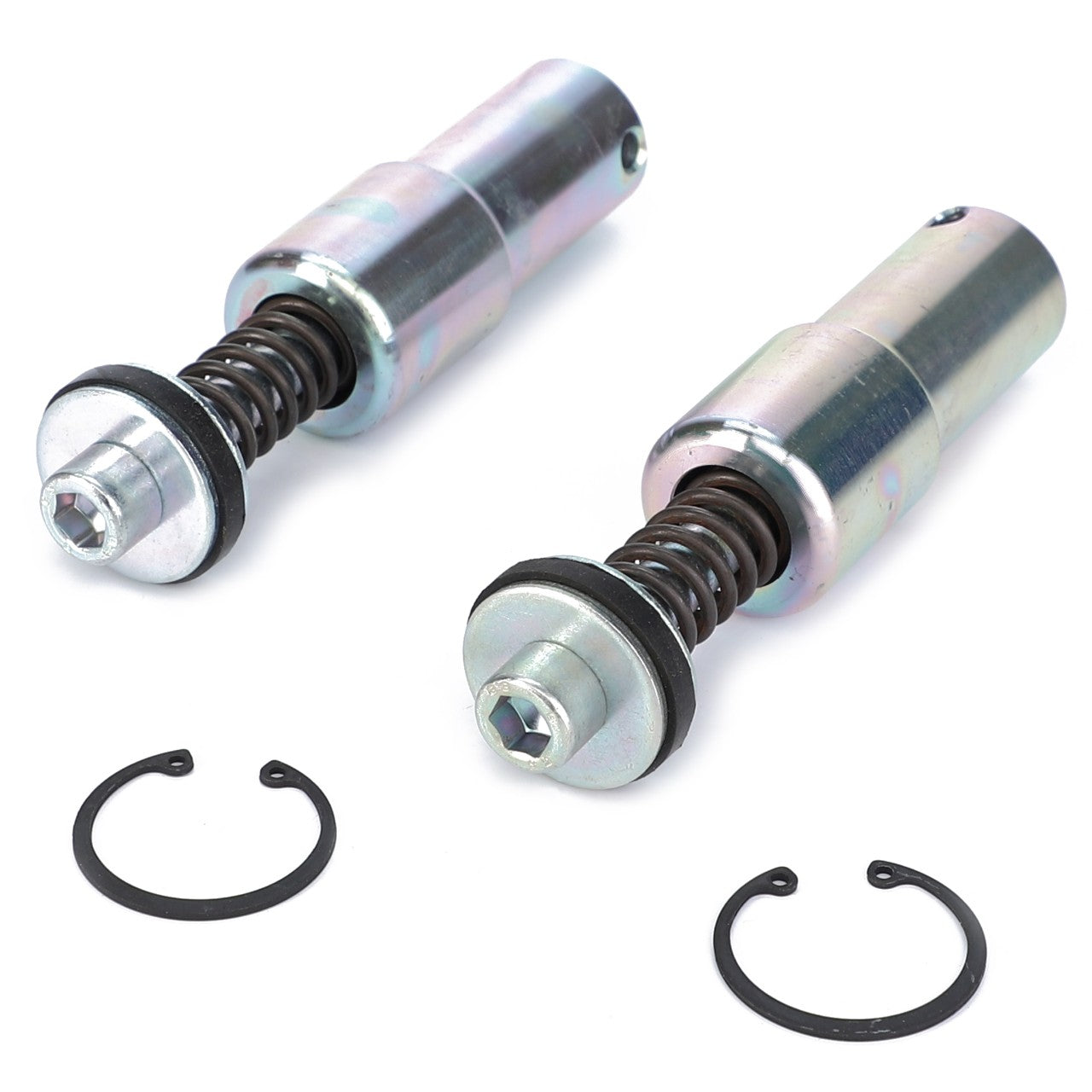 Two AGCO Cleat - 3903483M91 metallic cylindrical assemblies with springs and hexagonal bolt heads, essential for hitch and linkage components on Massey Ferguson Models, are positioned next to two C-clips on a white background.