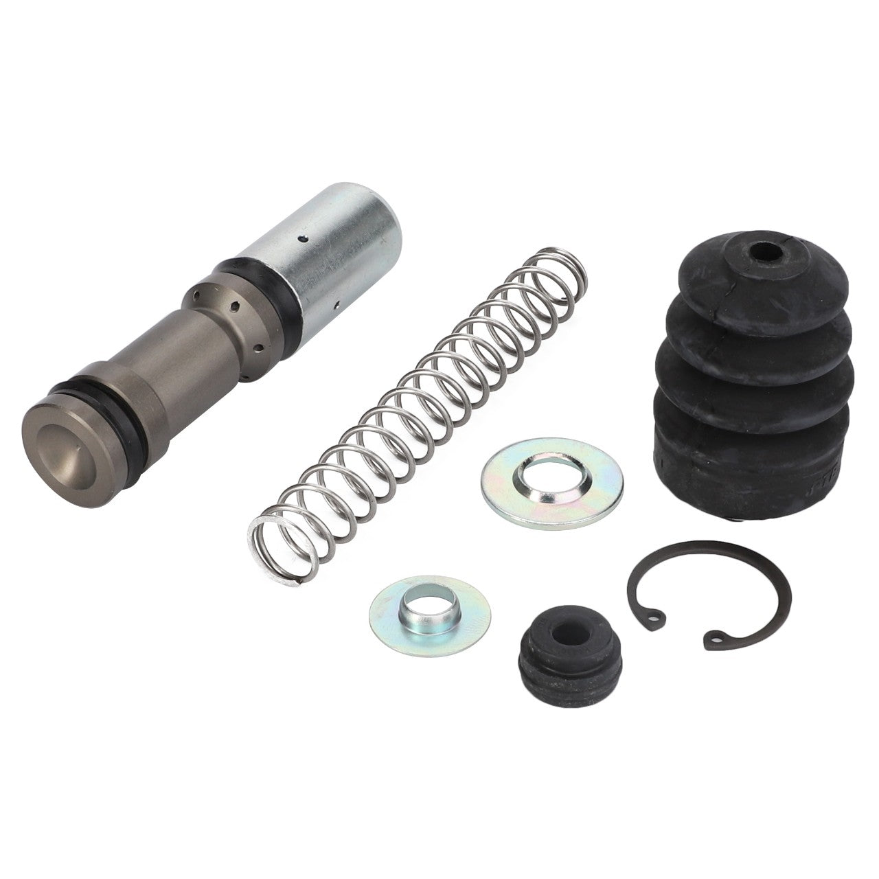 The AGCO | Repair Kit - F198104070070, consisting of metallic and rubber components such as a piston, spring, washers, seals, boot, and circlip, designed for Valtra Models and displayed on a white background.