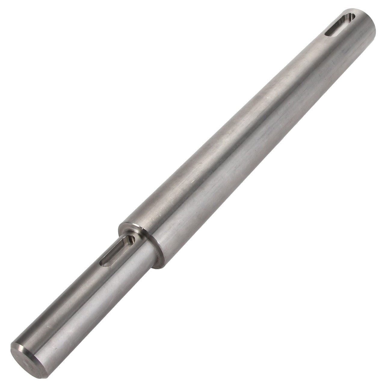 Introducing the AGCO SHAFT - D28485308: a polished, cylindrical metal shaft featuring two precision-cut slots near one end and a seamlessly integrated collar near the middle.