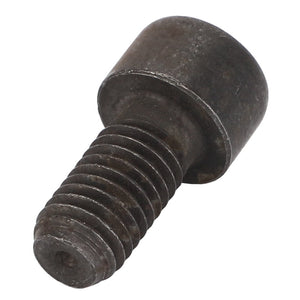 An image of a single black, cylindrical metal bolt lies horizontally with its threaded end facing towards the left. Despite the stark simplicity, no keywords can be generated from the provided product description to capture its essence. The product is named AGCO | SOCKET HEAD BOLT - 0902-10-61-00 and is from the brand AGCO.