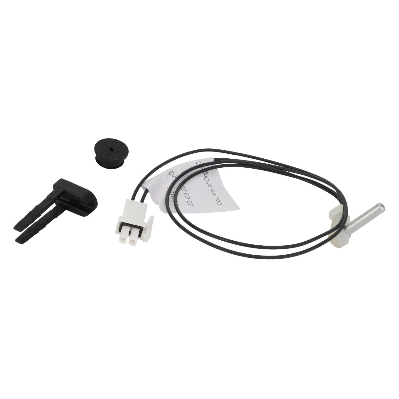 The AGCO Sensor Kit - Acp0649660, featuring a small electronic sensor with a black wire, white connector, and additional black plastic components, is displayed against a white background.