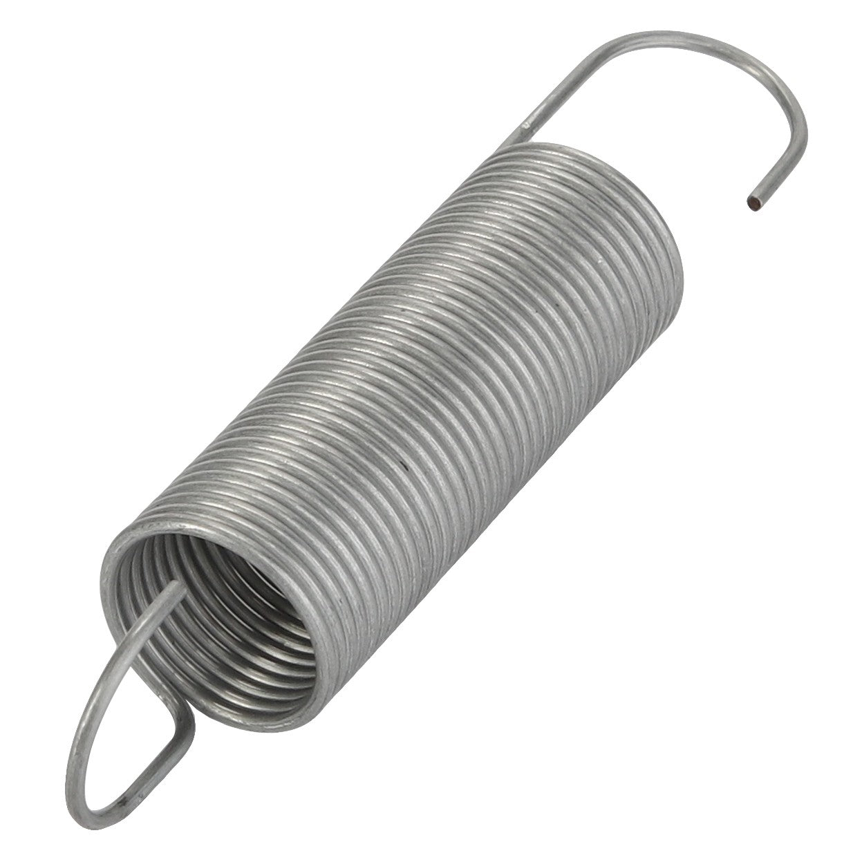 A close-up of the AGCO | SPRING - CG1224505000, a coiled metal extension spring with hooks at both ends. The spring, gleaming in its silver hue, appears to be crafted from durable steel.