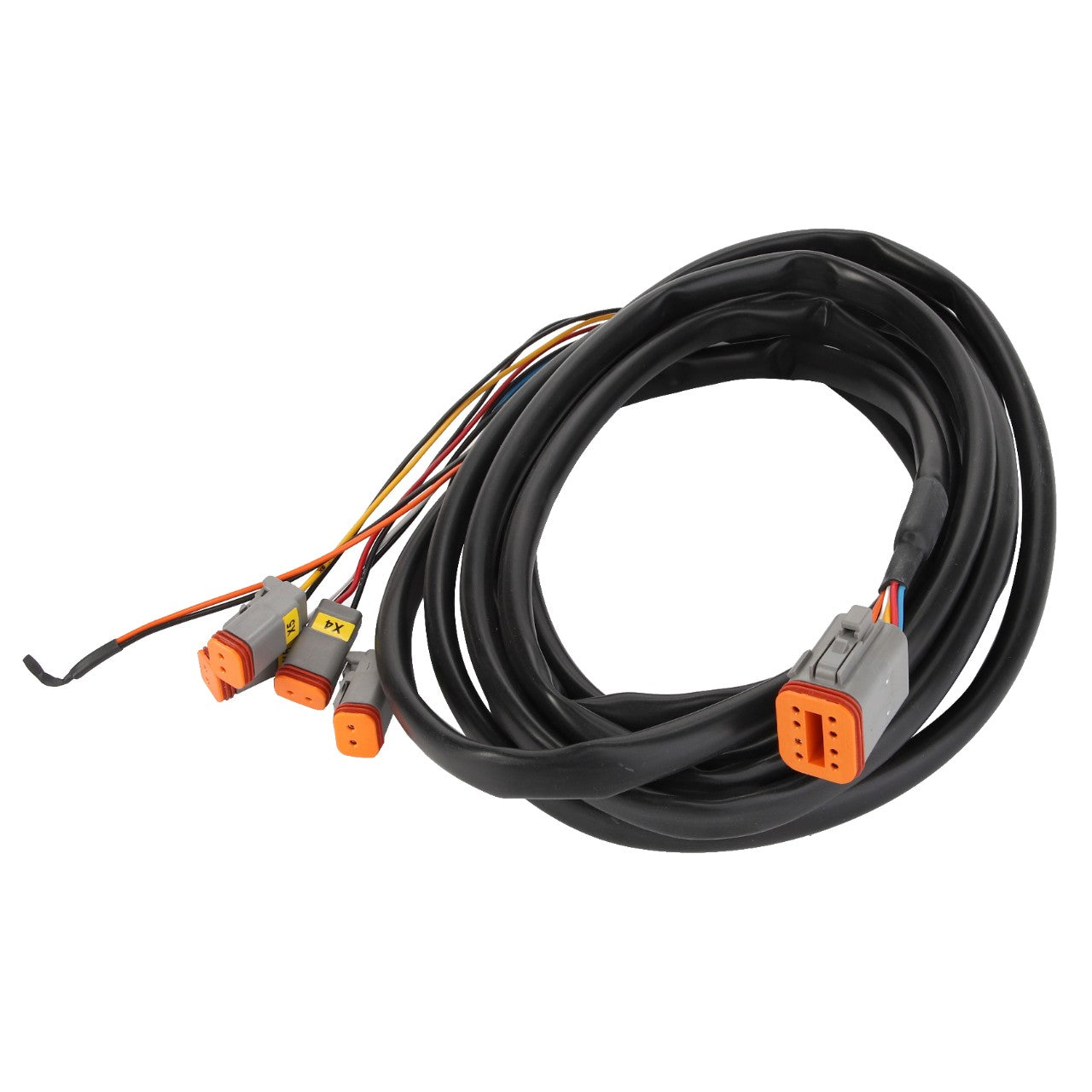 The AGCO Cable - Acp0295550 features a coiled black cable with four connectors: three small gray and orange connectors attached to colored wires, and one larger gray and orange connector. Currently, there is no product description available.