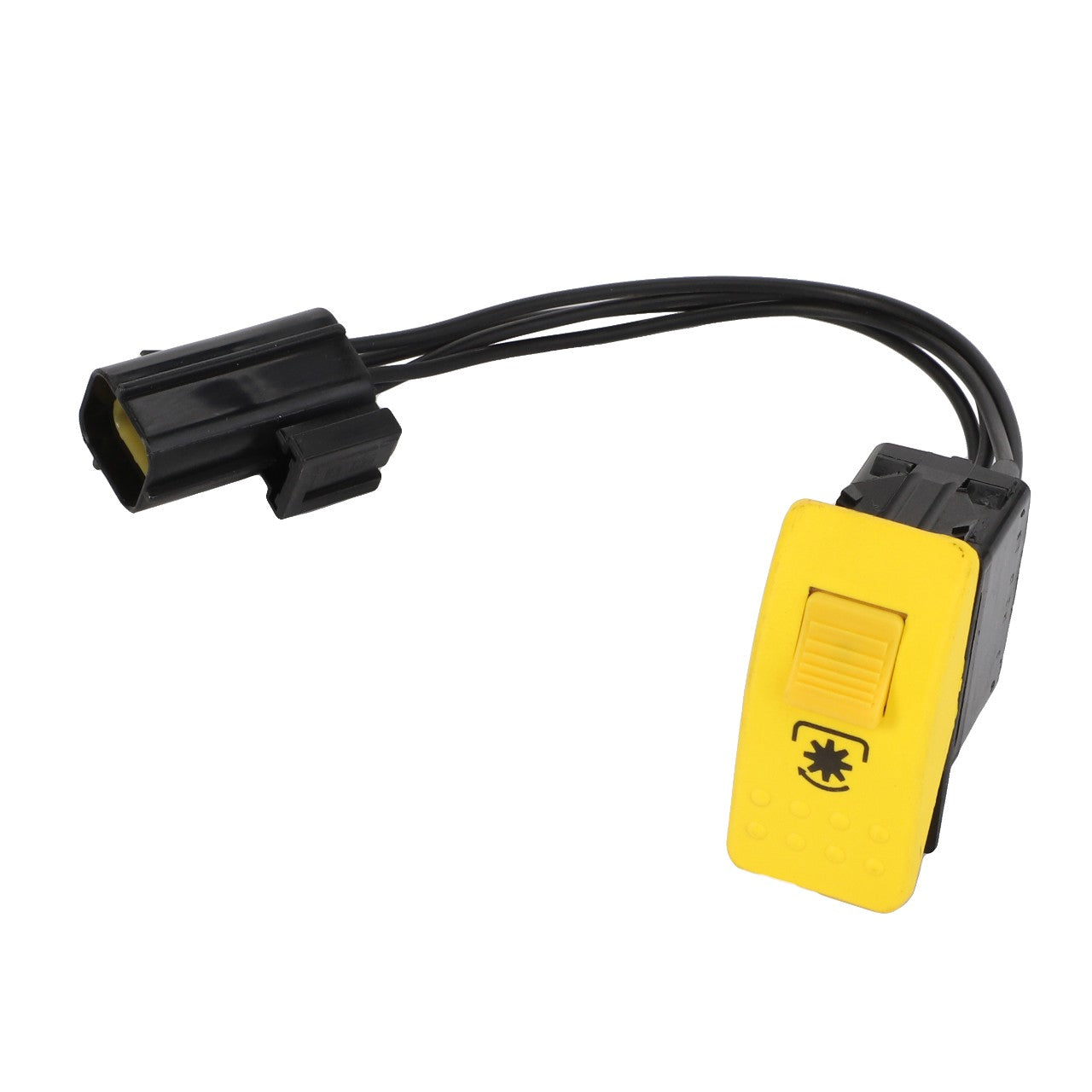 A compact black and yellow electrical connector from AGCO, named the Switch - Acp0367410, features two cables extending from it. The yellow part incorporates a switch button bearing a symbol that resembles a cooling fan.