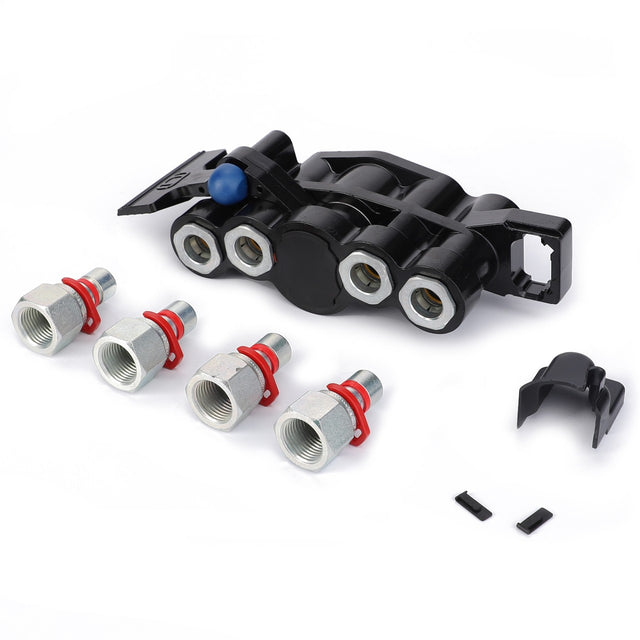 The AGCO Multicoupling - Al5044949, a black pneumatic manifold with three sealed outlets, includes four metal connectors with red O-rings and small black plastic parts—perfect for Valtra or Fendt machinery.