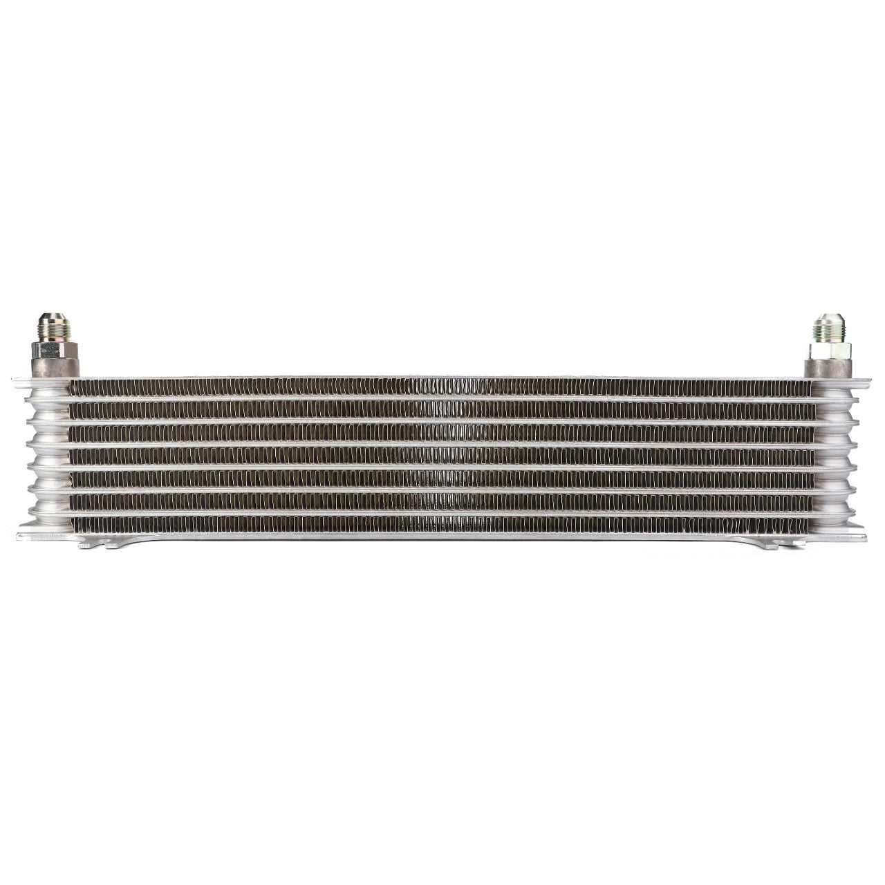 Image of a horizontal metal heat exchanger with finned tubes and two connection points on either end, compatible with the AGCO Oil Cooler, Oil To Air Type - 4284770M1.