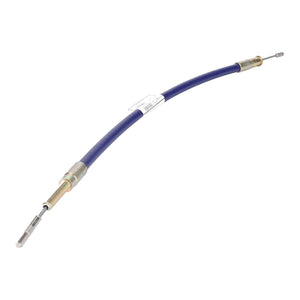 A blue flexible clutch cable with metal connectors at both ends, typically used in mechanical systems or automotive applications, known as the Cable, Clutch - V32782120 from AGCO, is compatible with Massey Ferguson tractors.