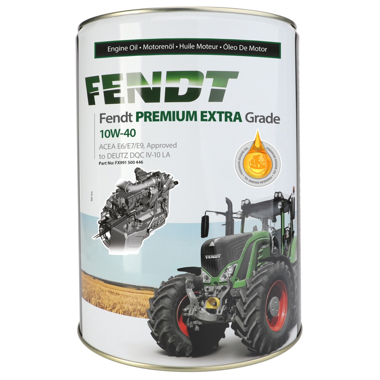 A 20L canister of AGCO | Fendt Premium Extra synthetic engine oil, featuring a tractor and engine image, with specifications including ACEA E6/E7/E9 approved, 10W-40, and compliant to DEUTZ DQC IV-10 LA (Fx991500446).