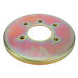 No current product description is available for the AGCO Protective Washer - Fel140057. This round metal flange features a central circular hole and four smaller holes evenly spaced around it, with a surface that boasts a multi-colored finish.