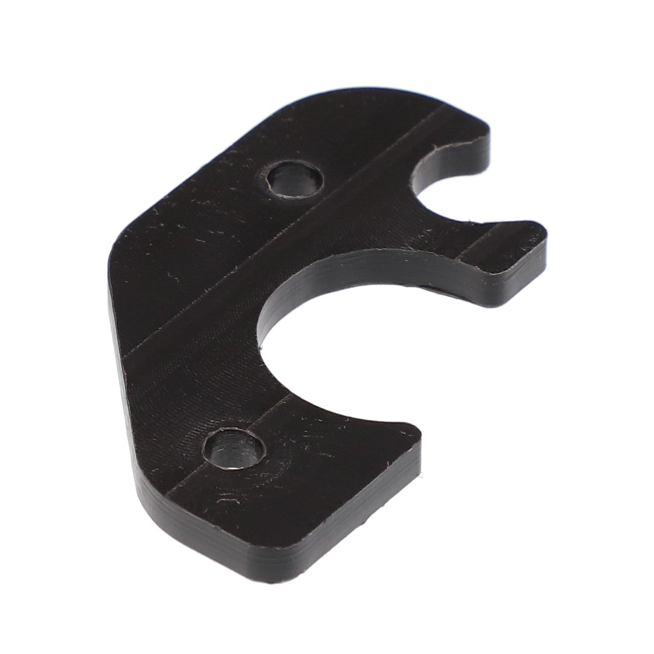 A black, flat, irregularly shaped plastic clip with two holes and a notched cutout on one side. This product is known as the AGCO Hook - Acw7088660 from the brand AGCO. No current product description information is available.