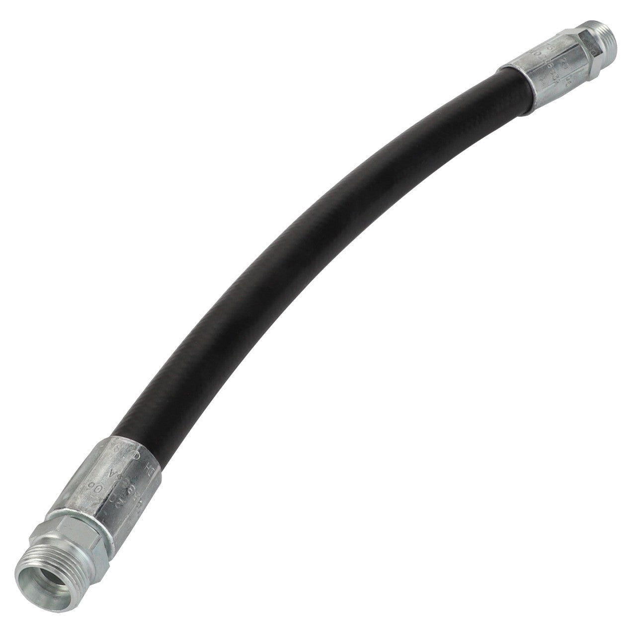 The AGCO Hydr. Hose - Acw025883A is a versatile black hydraulic hose with robust metal connectors on both ends, designed to deliver high performance.