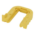 Introducing the AGCO Locking Wedge - F530200230130: a yellow plastic cable routing clip featuring an open-ended U-shape and multiple slots for securely organizing cables.