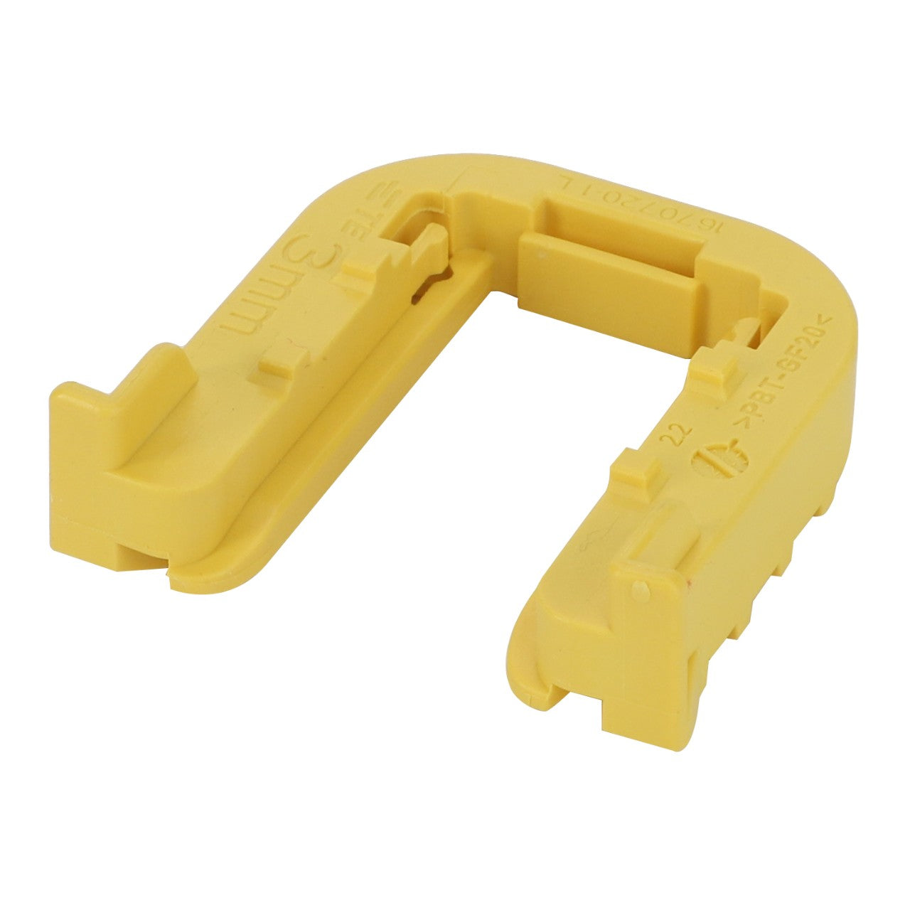 Introducing the AGCO Locking Wedge - F530200230130: a yellow plastic cable routing clip featuring an open-ended U-shape and multiple slots for securely organizing cables.