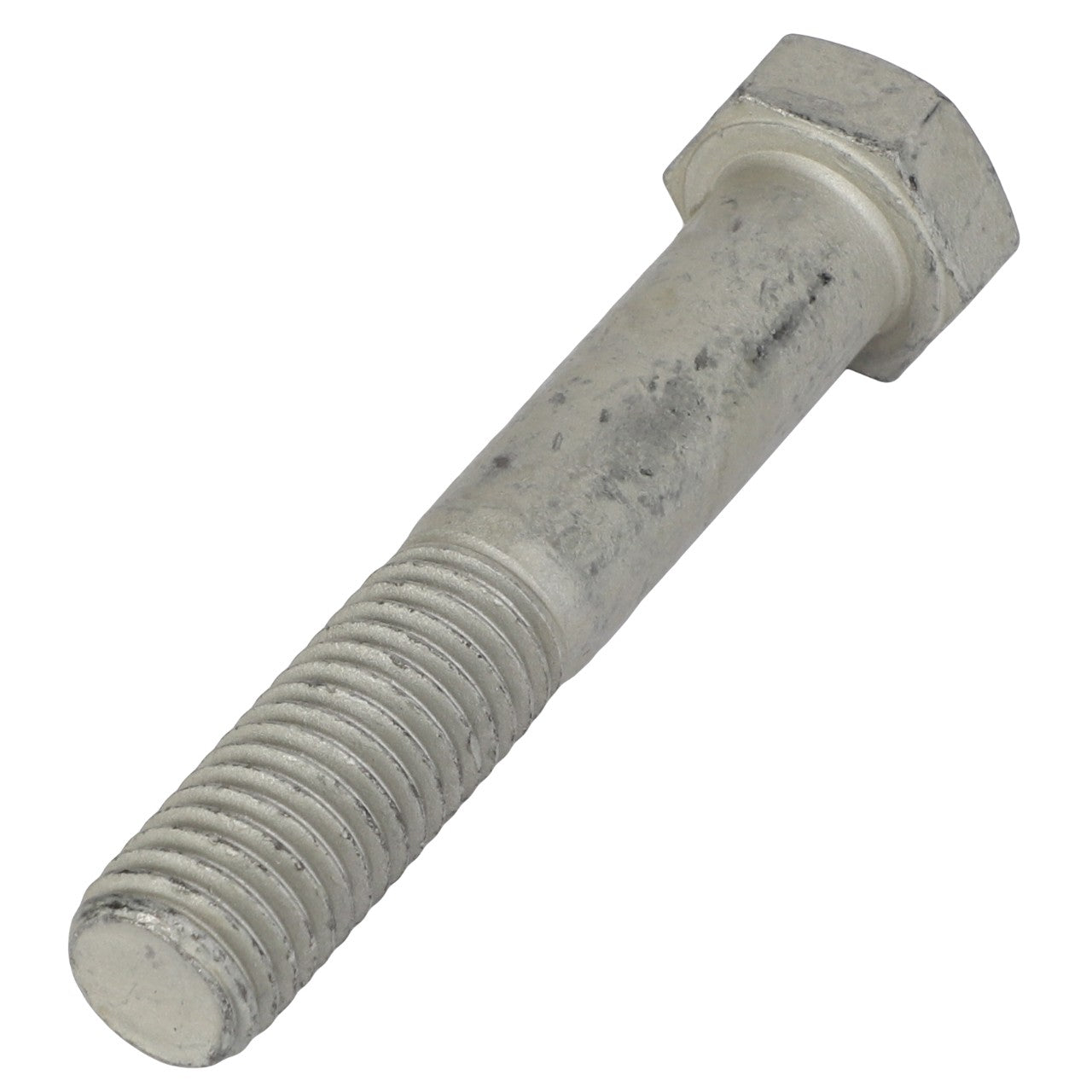 A close-up of an AGCO Hexagonal Head Bolt - Sn1723 with a threaded end and a hexagonal head, lying on a white background. No current product description available.