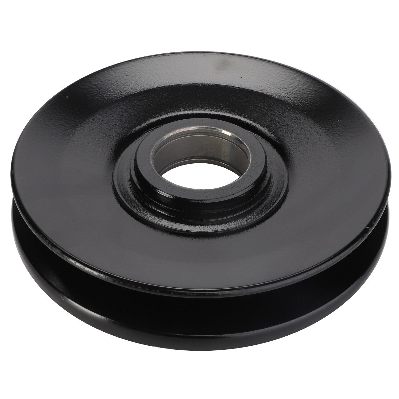 The AGCO PULLEY - D28752130, a sleek metal pulley featuring a smooth, circular design and central hole, is showcased on a pristine white background.