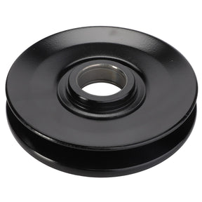 The AGCO PULLEY - D28752130, a sleek metal pulley featuring a smooth, circular design and central hole, is showcased on a pristine white background.