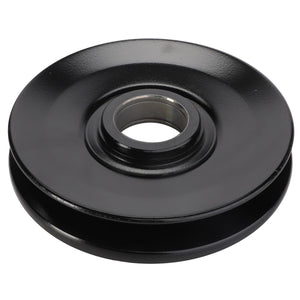 The AGCO PULLEY - D28752130, a sleek metal pulley featuring a smooth, circular design and central hole, is showcased on a pristine white background.