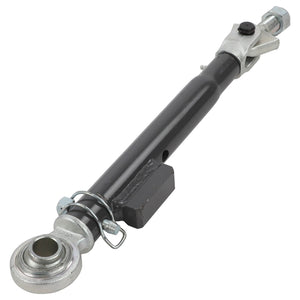 The AGCO | Stabiliser - Acw173942A, a black and silver metal machinery part with cylindrical and jointed ends, features bolts and pins for adjustment and attachment. No product description needed for identifying this essential component.