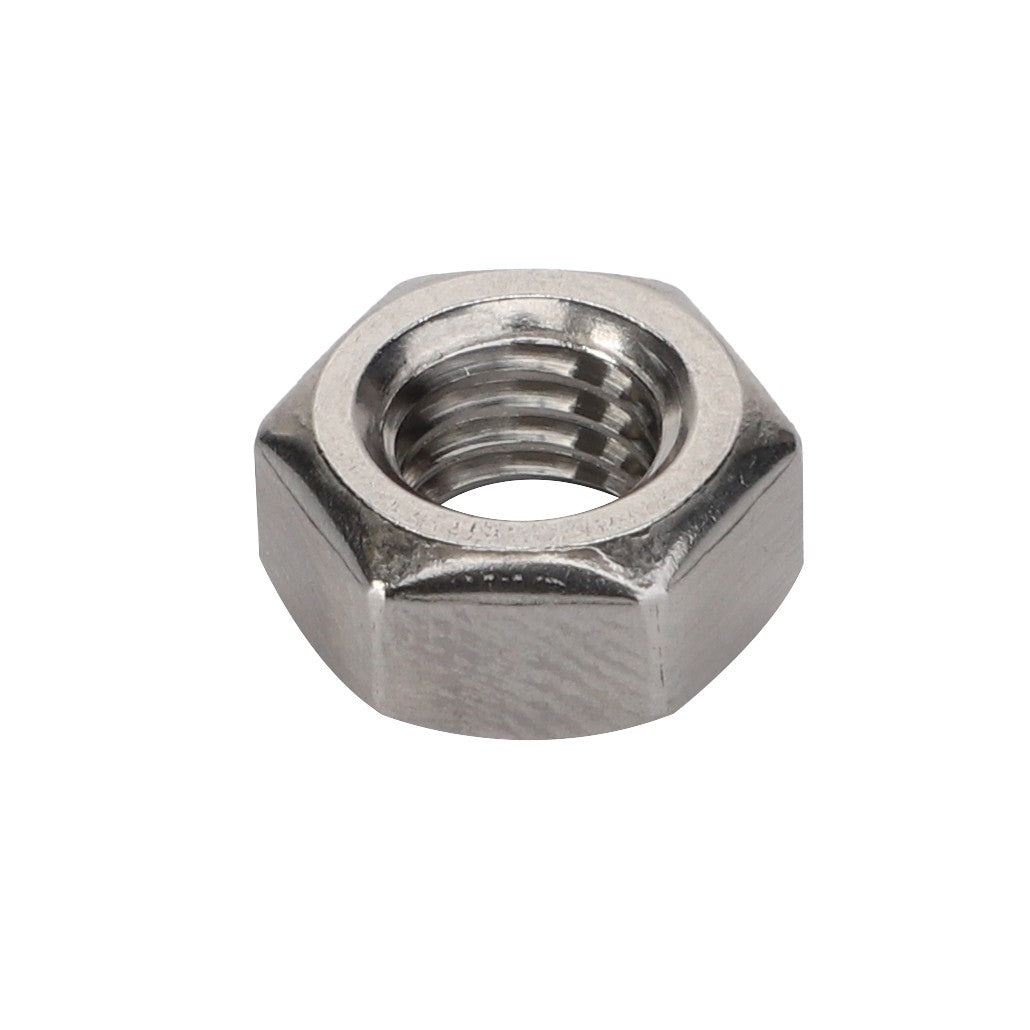 A close-up of an AGCO Hex Nut - Acw6162730, made from stainless steel with internal threading, used for fastening bolts.