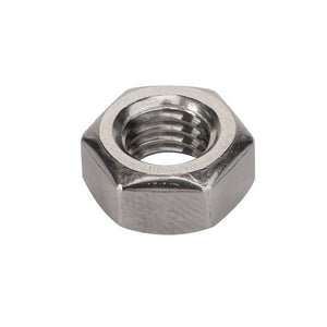 A close-up of an AGCO Hex Nut - Acw6162730, made from stainless steel with internal threading, used for fastening bolts.