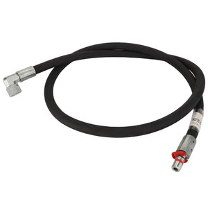 The AGCO | HOSE - AL9032521 is a black rubber hose featuring metal fittings on both ends: one with a 90-degree angle and the other straight.