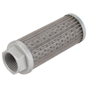 Introducing the ACY1126460 Hydraulic Filter by AGCO: A cylindrical metal filter with mesh sides and threaded openings at each end, perfect for use in top-brand machinery such as those from Massey Ferguson.