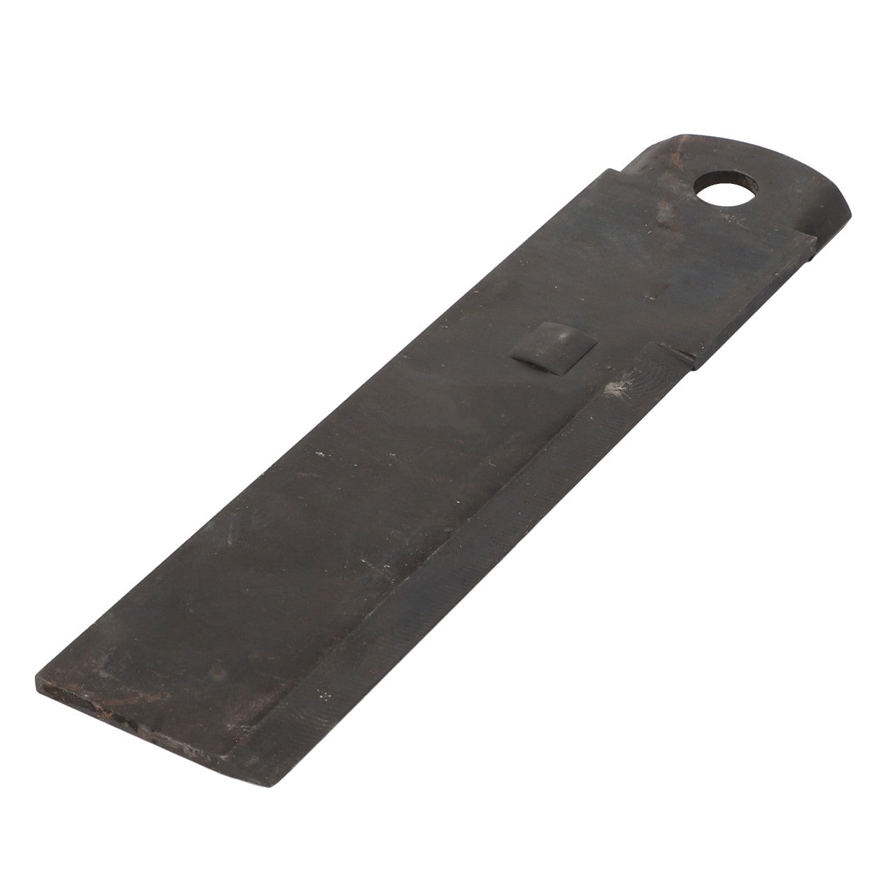 The AGCO | KNIFE - ACY1526760, from the renowned brand AGCO, is a robust metal lawn mower blade with a rectangular shape and a convenient hole at one end for easy attachment.