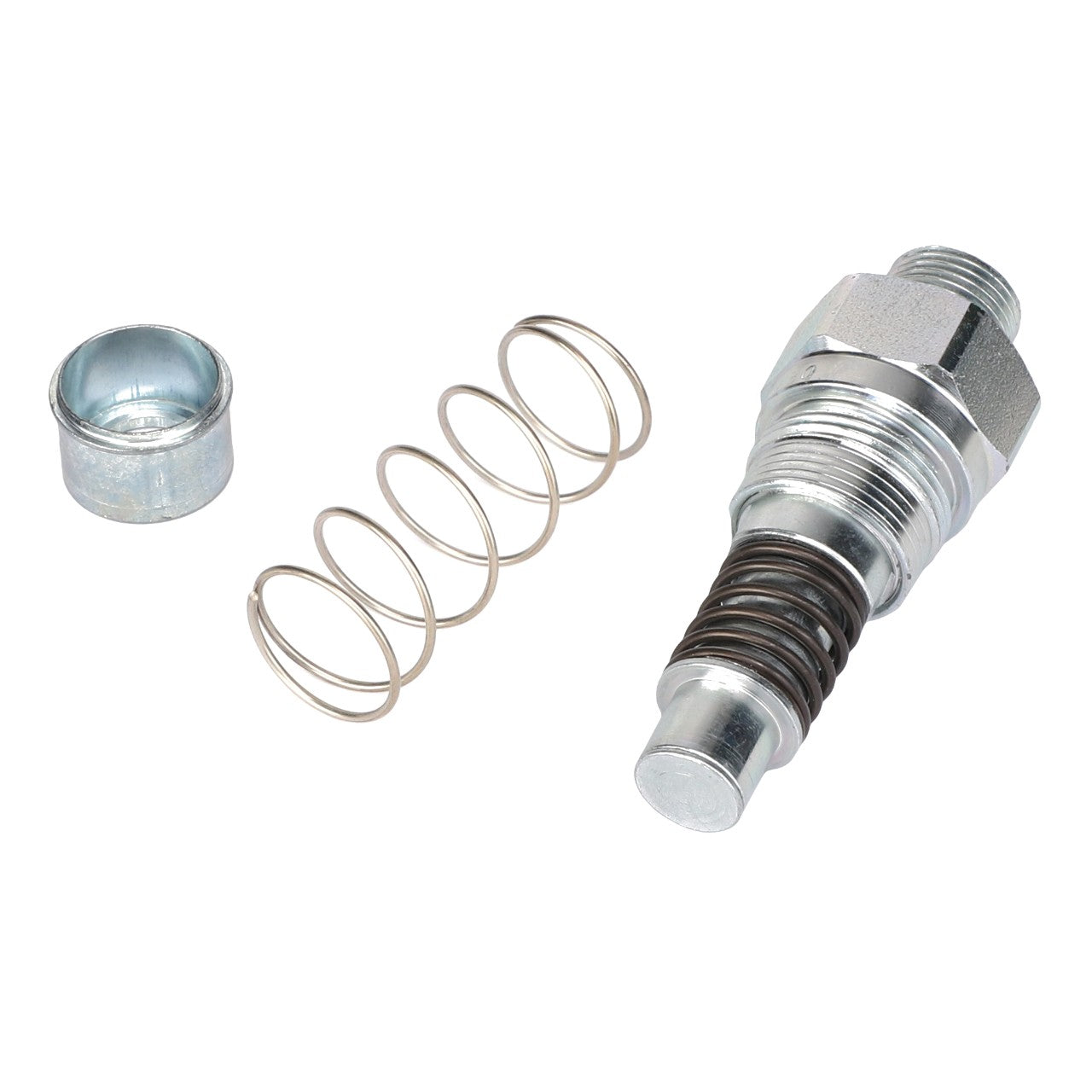 A metal spring, a cylindrical cap, and the AGCO | COUPLER - AL10550382 threaded metal component featuring a hex nut and a ribbed section are meticulously arranged on a white background.