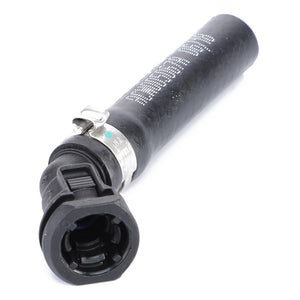 The AGCO | Hose Assembly For Coolant - Acw005067A features a black cylindrical design with a clamp on one end and white alphanumeric markings on its surface, made from durable EPDM rubber, isolated on a white background. Ideal for Massey Ferguson models, this AGCO Genuine Cooling Hose ensures optimal performance.