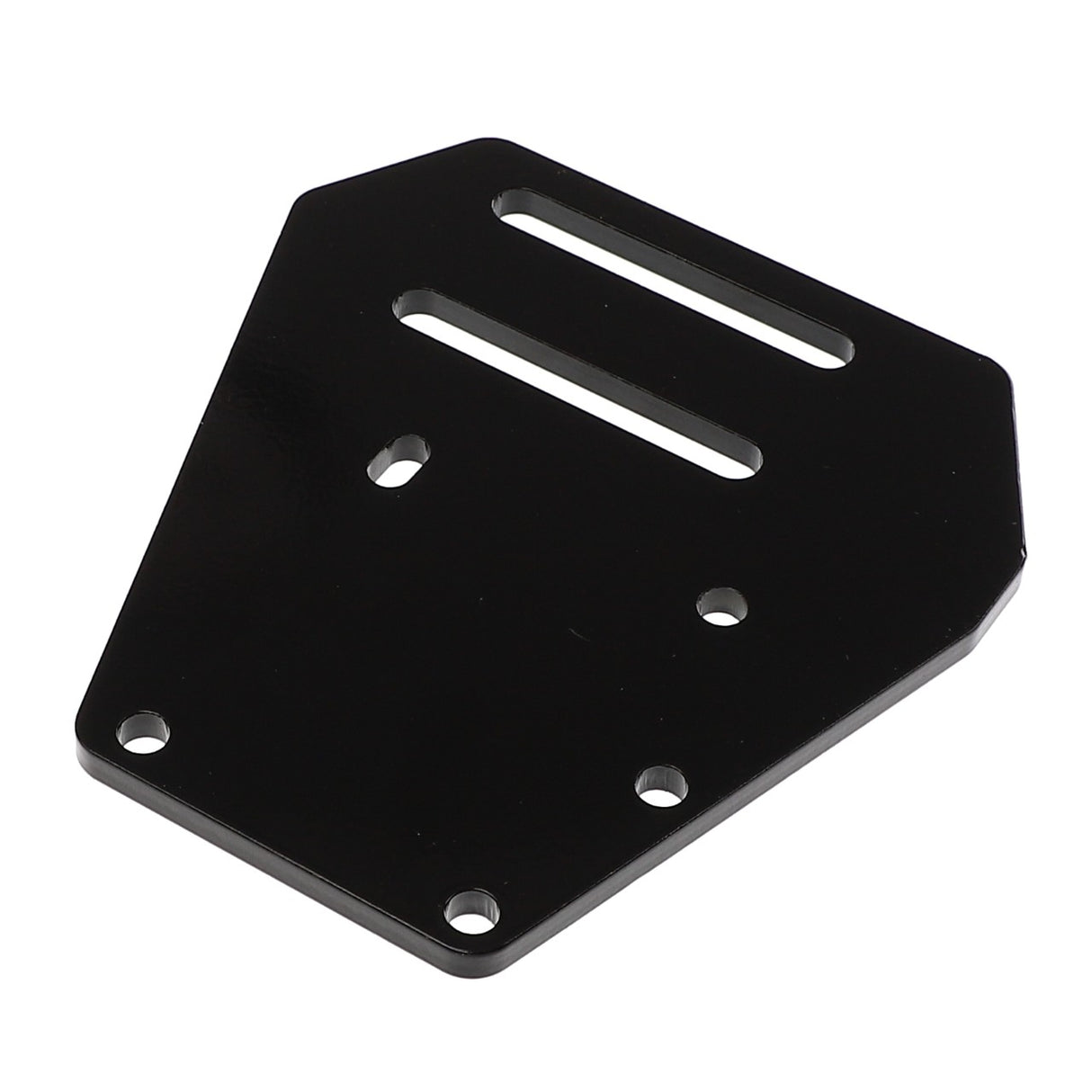 The AGCO | PLATE - AL302699 by AGCO is a black, flat, irregularly shaped metal plate with several holes and two elongated slots, ideal for securely mounting or fastening various components.