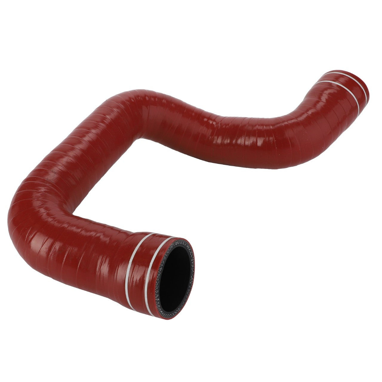 AGCO's Hose - Acw0515920 features a red, flexible design with a smooth, ribbed exterior and black interior. It is uniquely bent in a zigzag shape and includes two white bands near the ends for added detail.