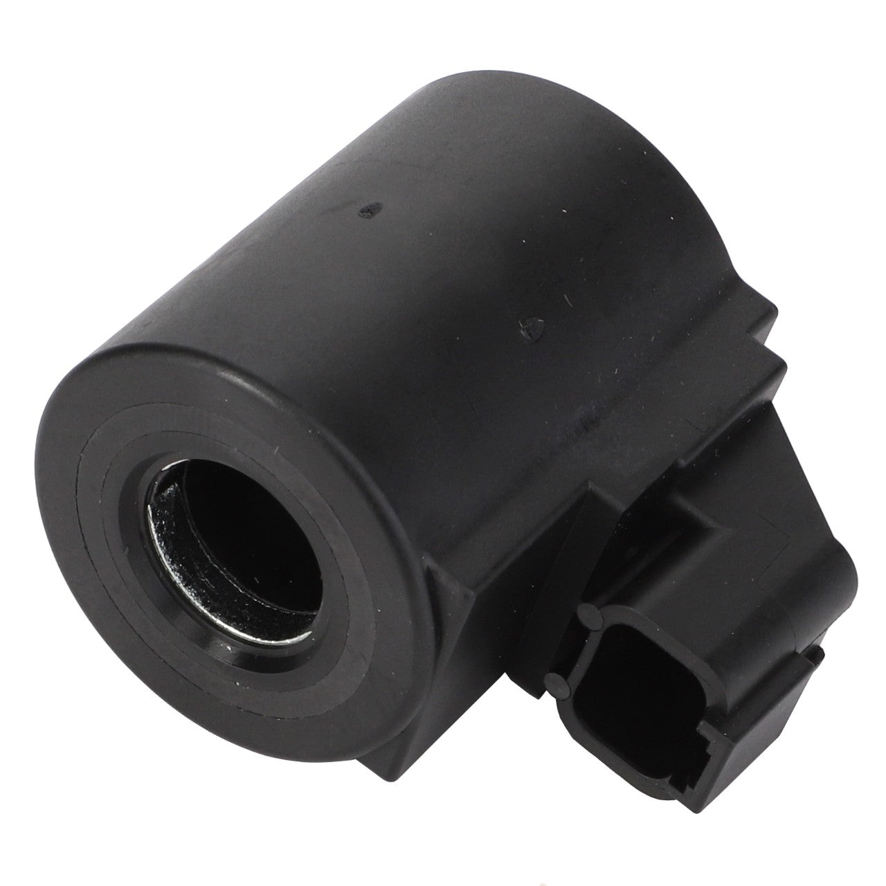 The AGCO WARNING DECAL - ACP0535680 is a black cylindrical electronic component featuring a hollow center and a single connector port on one side, optimized for streamlined integration.